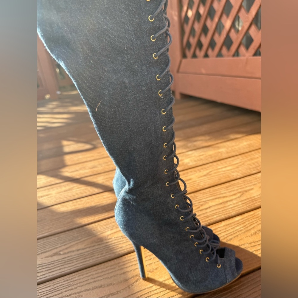 Lace-Up Denim Thigh-High Stiletto Boots | Size 6